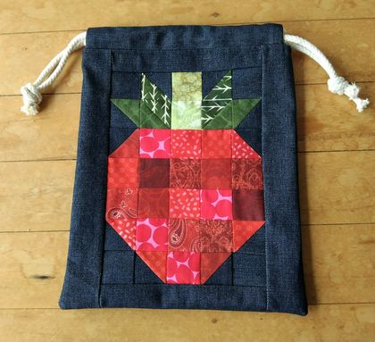 Strawberry - patchwork denim drawstring project bag - large